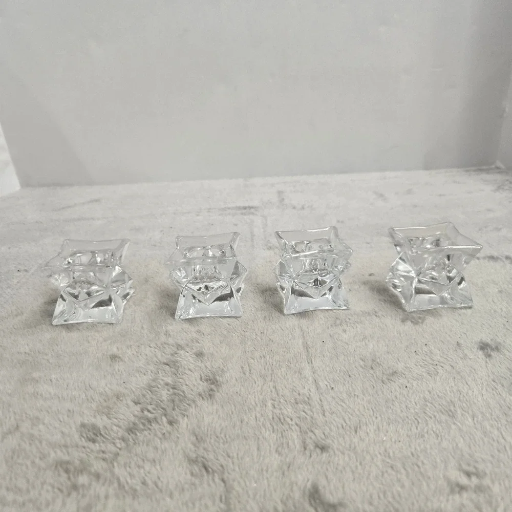 Vintage Clear Glass Star Taper Candle Holders Set of 4 Geometric Snowflake 2in